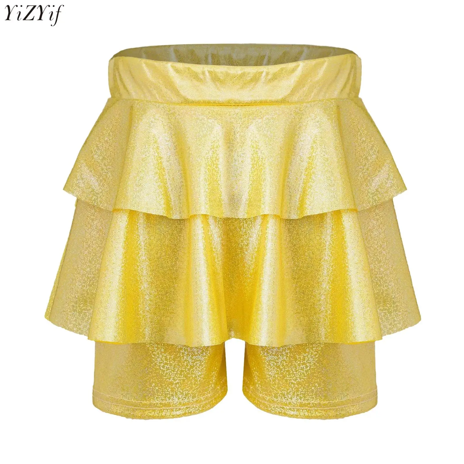

Kids Girls Cheerleading Dance Skirts Metallic Shiny Elastic Waistband Skirted Shorts Culotte Jazz Dancing Performance Clothes