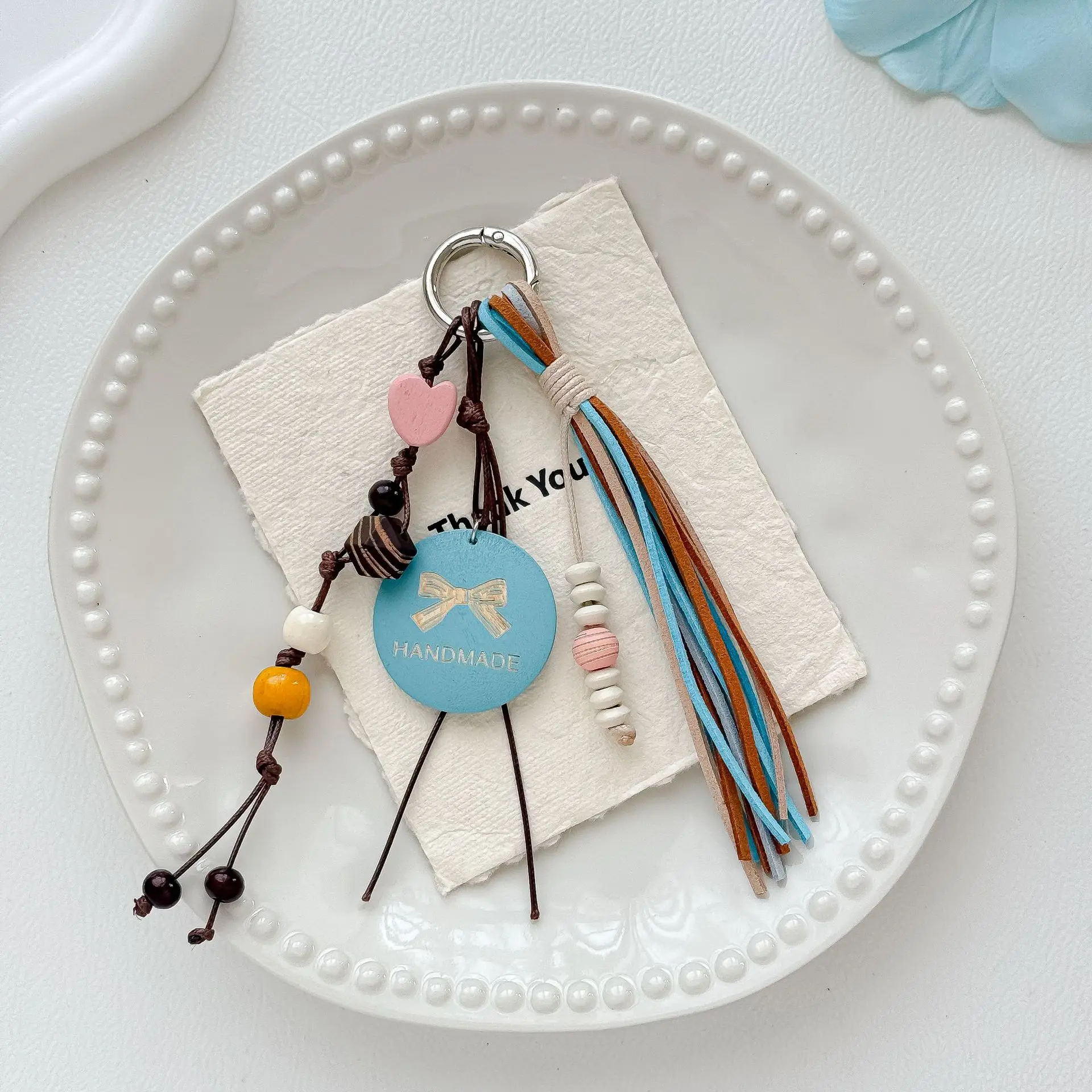 Handmade Wooden Keychain Charm Round Disc Tassel Wood Bead Pendant Niche Bag Luggage Decoration Lightweight Brown