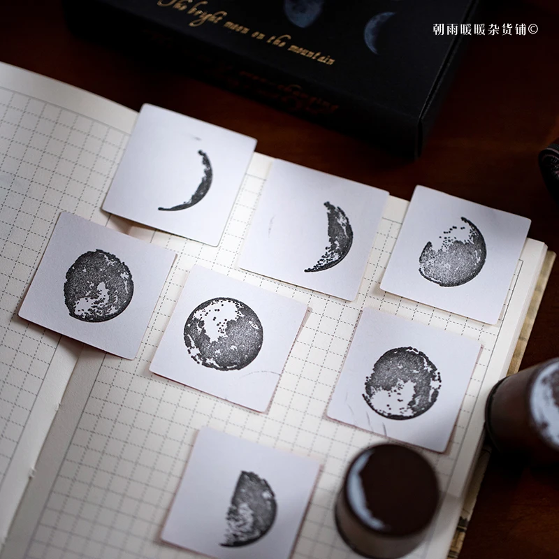 Sellos de diario con fases lunares y lluvia matutina, patrón vintage de luna y planetas, mini sellos decorativos DIY para niños