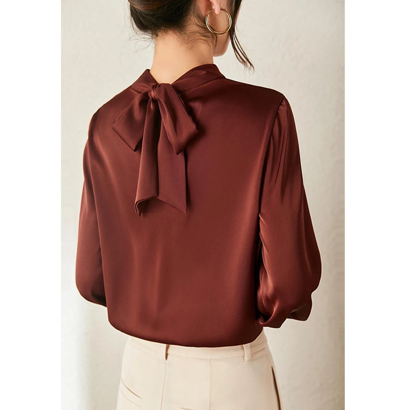 Women Satin Ruffled Lace Up Bow Vintage Elegant Blouse Korean Fashion Business Casual Office Lady Shirt Solid Long Sleeve Blusas