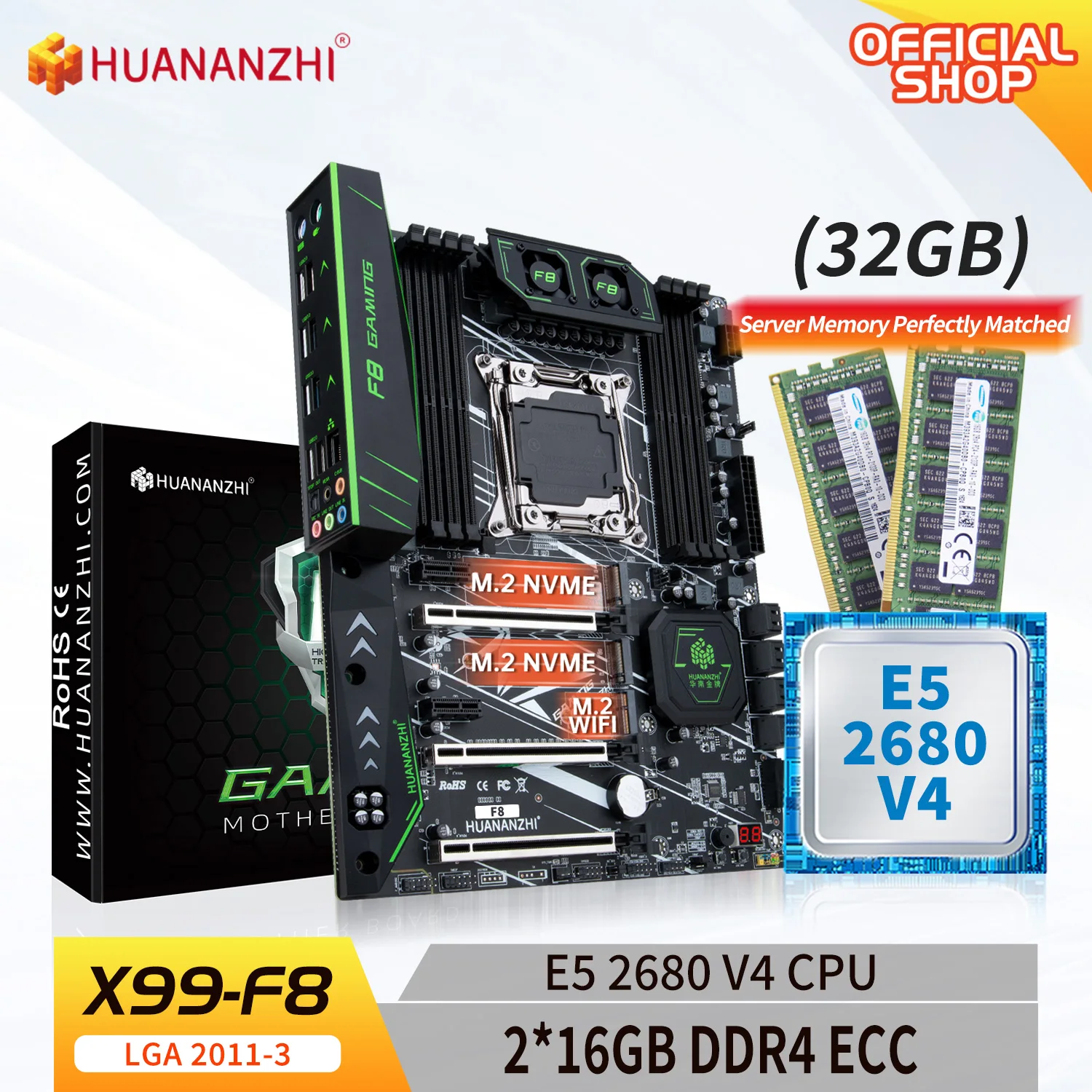 HUANANZHI X99 F8 LGA 2011-3 XEON X99 마더보드, 인텔 E5 2680 v4, 2*16G DDR4 ECC 메모리 콤보 키트 세트, NVME SATA