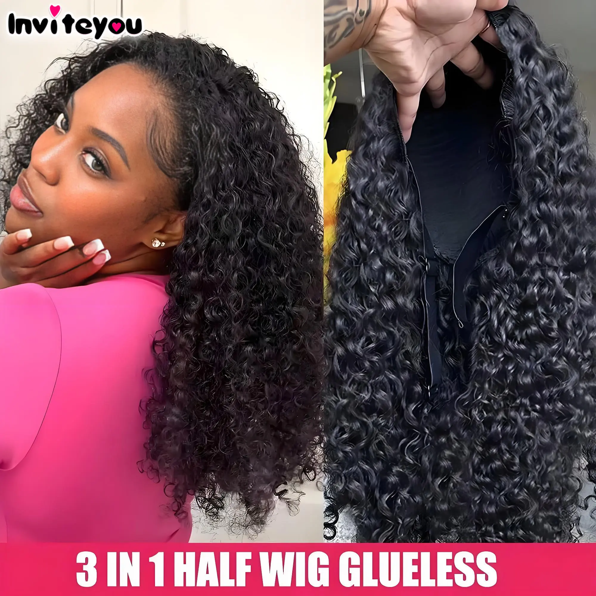 Upgrade 3 In1 Half Wig Adjustable Drawstring Hd Lace Water Kinky Curly Deep Human Hair Wig Seamless Clip Ins Flip Over No Glue