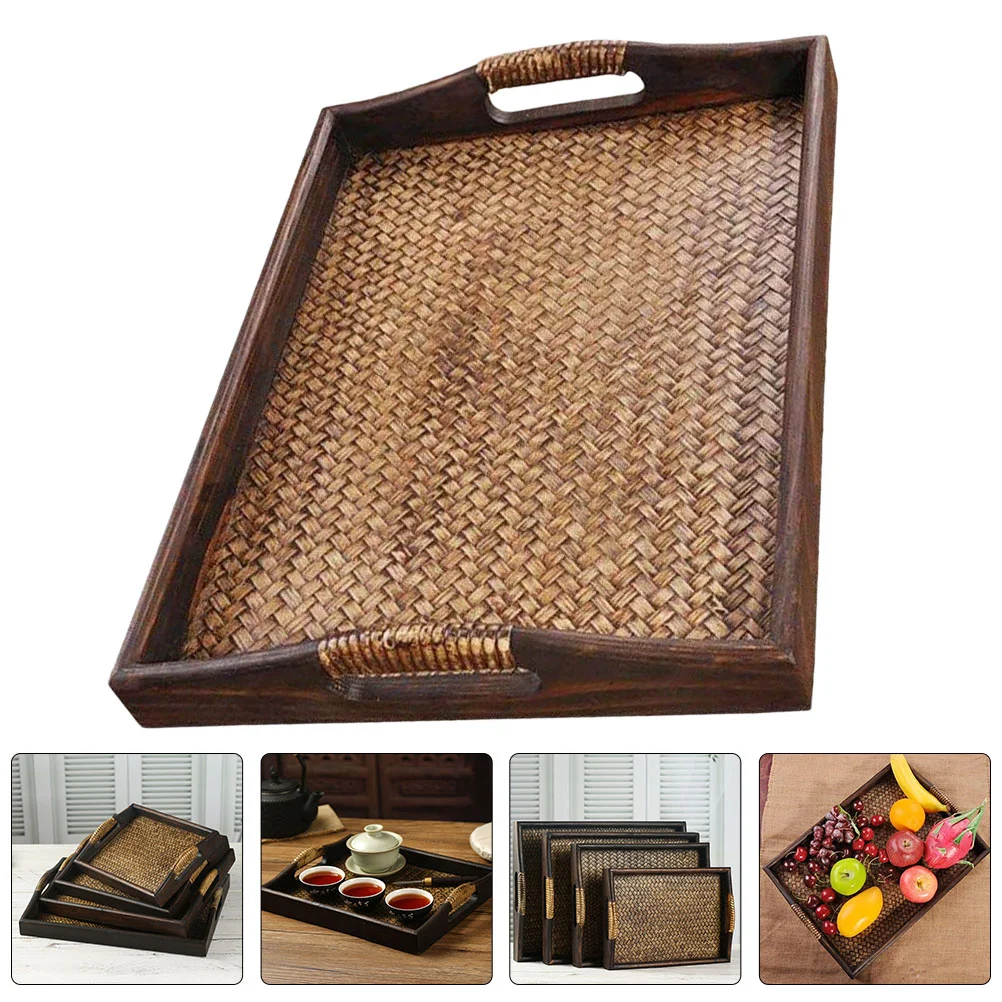 

Wooden Pallet Tea Tray Rattan Weaving Plate Cup Salon Serving Storage Container Woven Teak Simple Practical Vintage