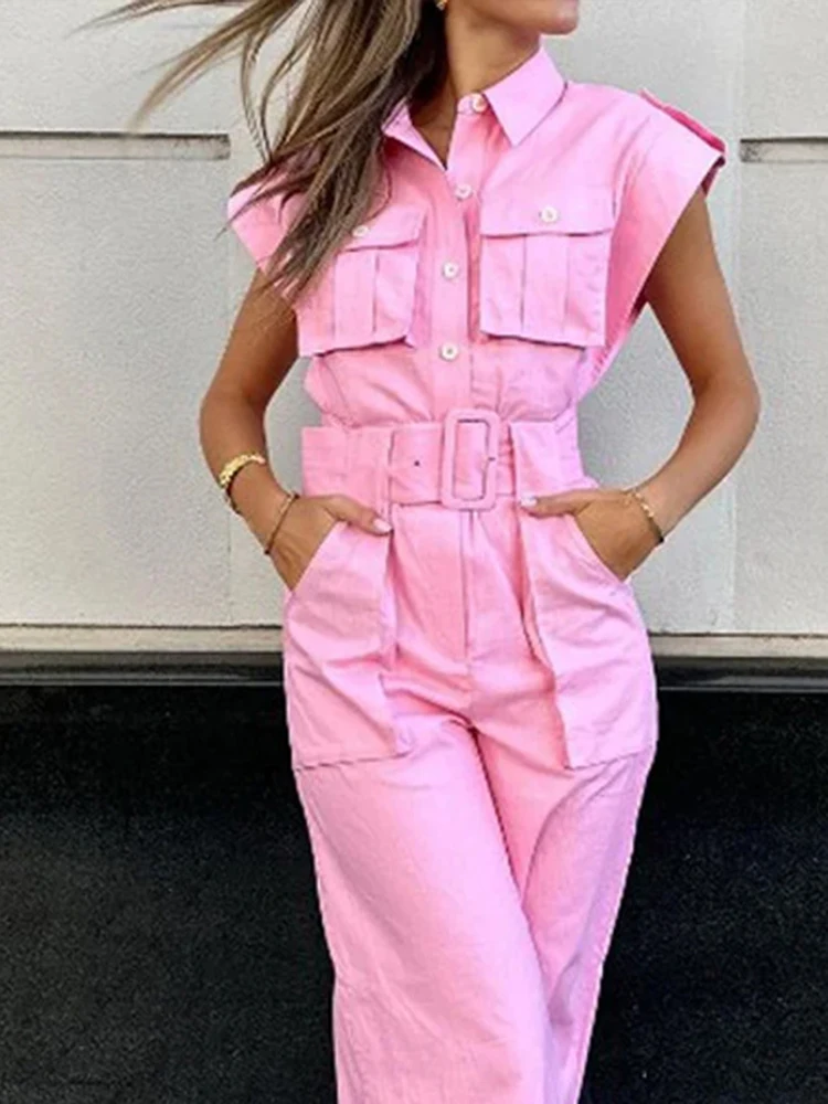 TWOTWINSTYLE Solid Streetwear Spliced Pocket Jumpsuit For Women Lapel Sleeveless Patchwork Belt Loose Jumpsuits Female KJU507889