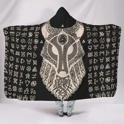 Norse Viking Fenrir Wolf Valknut Dragon Knot Totem Print Hooded Blankets Cozy Cuddly Warm Winter Fleece Hood Poncho Cloak Cape