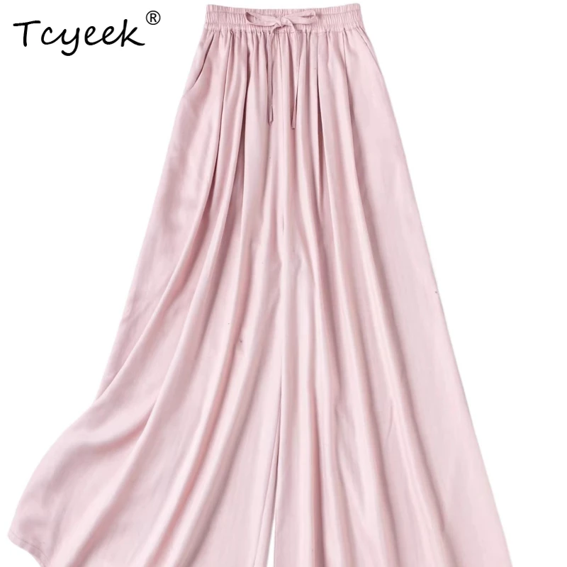

Женские брюки Tcyeek из 55% натурального шелка, весна-осень 2026, повседневные, с эластичным поясом, широкие штанины, женская одежда, Pantalones De Mujer