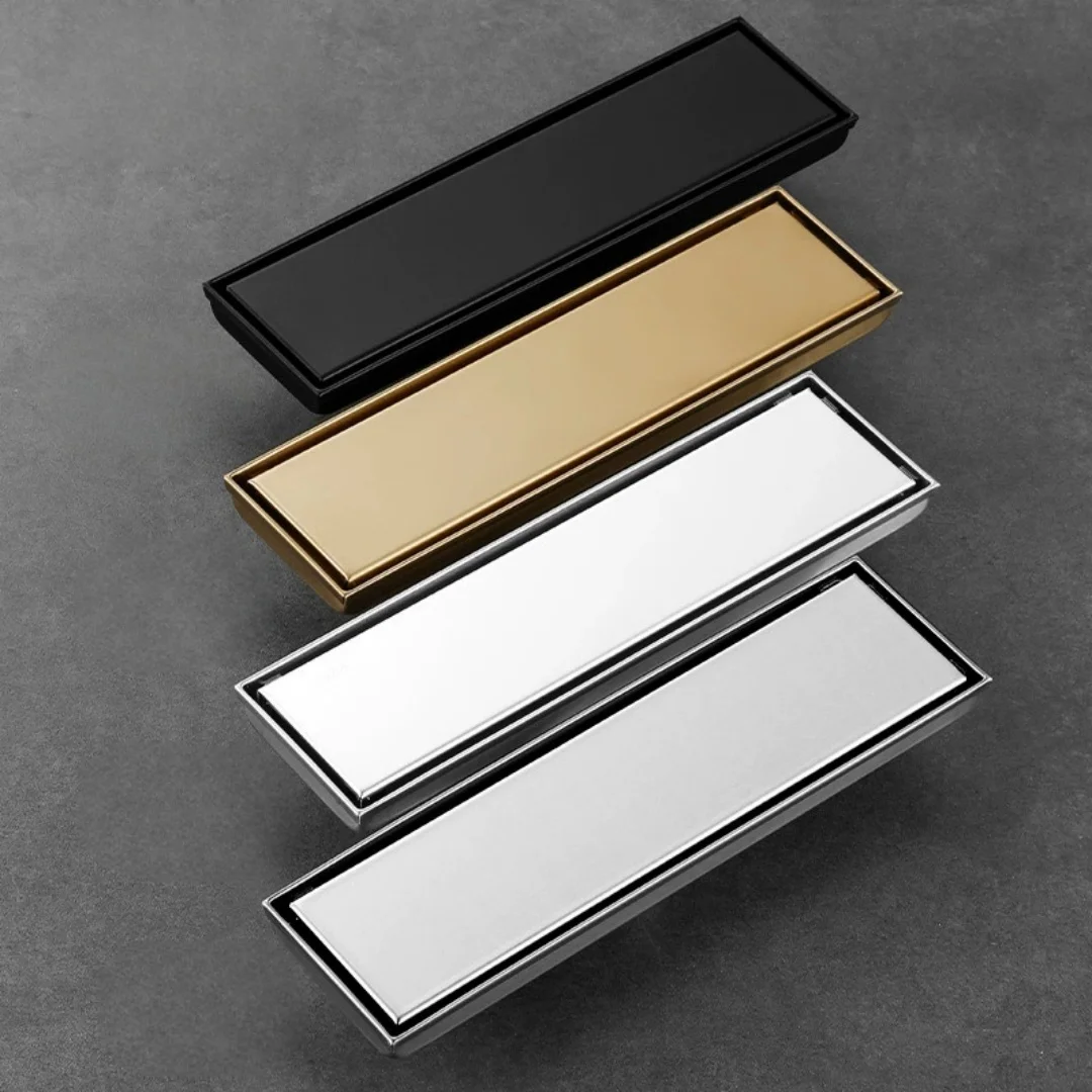 

Brushed Gold Concealed Floor Drain 20cm-60cm Nickel SUS304 Shower Floor Drain Black Bathroom Deodorant Floor Drain Strainer