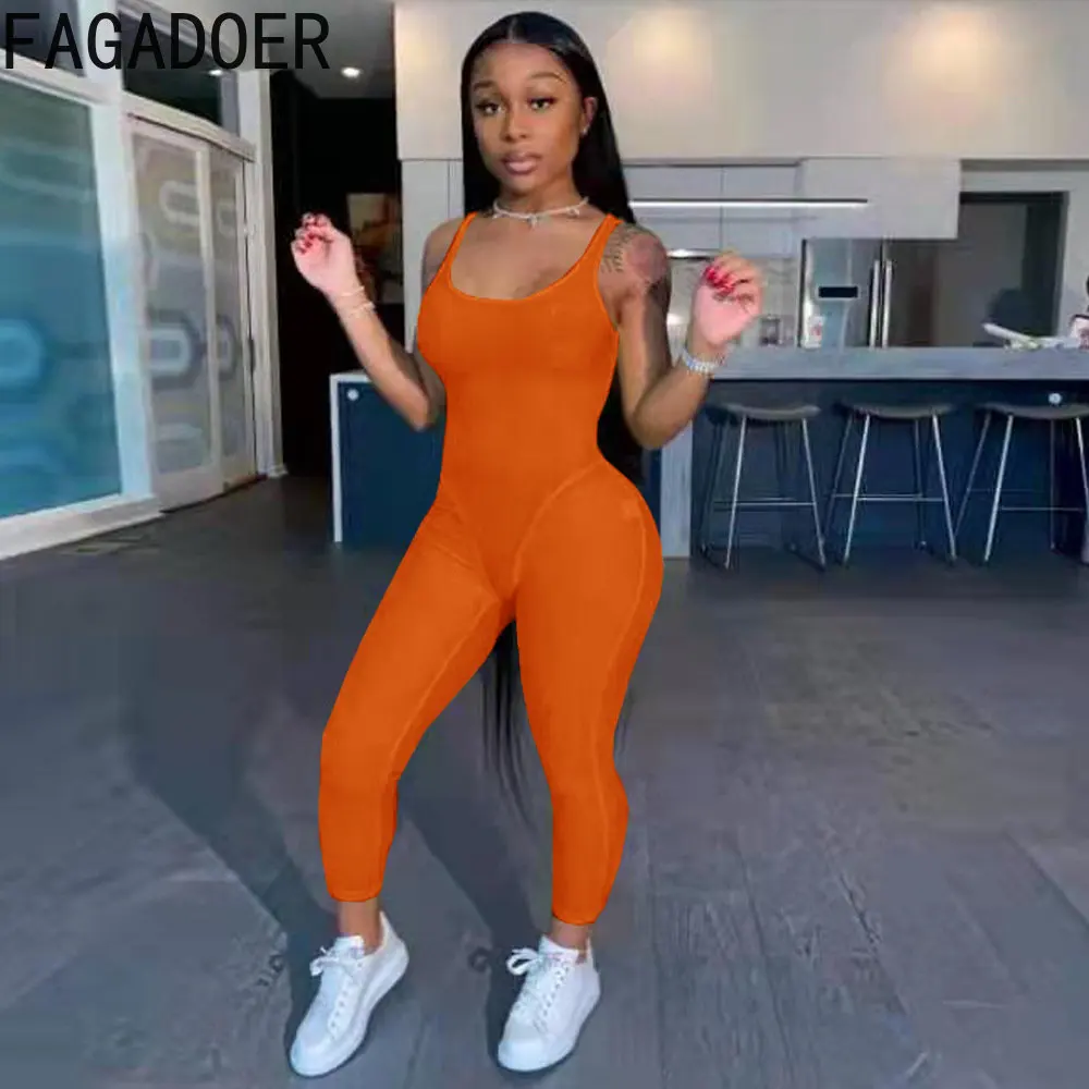 FAGADOER Sexy Bodycon Thin Strap Jumpsuits Women Solid Sleeveless Skinny Pants Playsuits Casual Sport Fitness Rompers Clothing