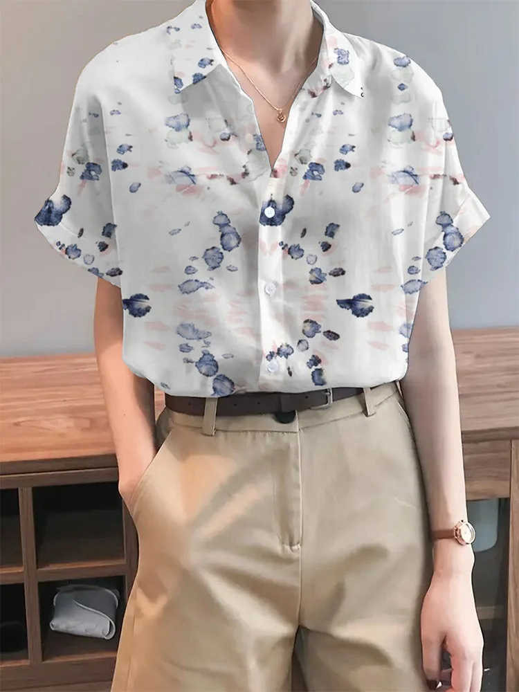 Summer Shirts & Blouses Floral Printed Women\'s Shirts 2024 Fashion Street Style Short Sleeve Casual Button Front Shirt Top