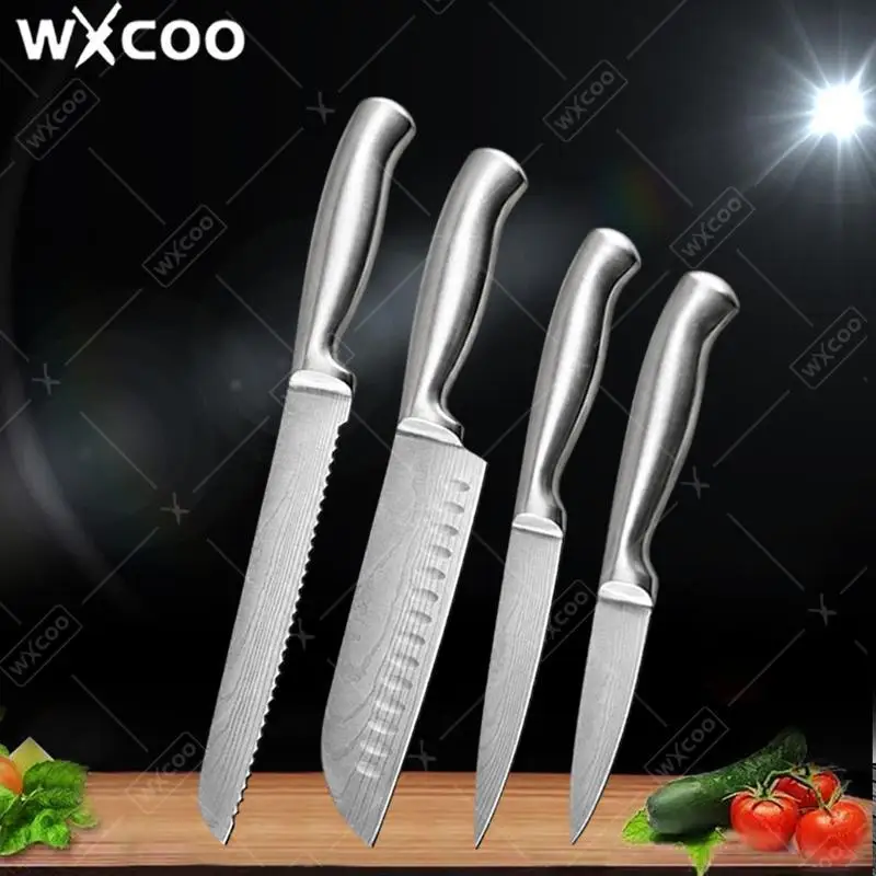 1PCS/2PCS/3PCS/4PCS Professional Kitchen Knife Chef Santoku Knife Bread Cutter Utility Knife Full Steel Damascus Laser Pattern