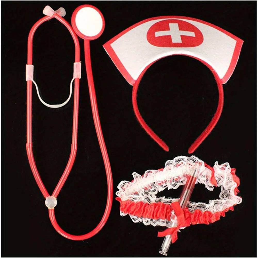 

Halloween nurse headwear with fake stethoscope pen sexy nurse headwear headband lace red cute cosplay costume birthday makeup