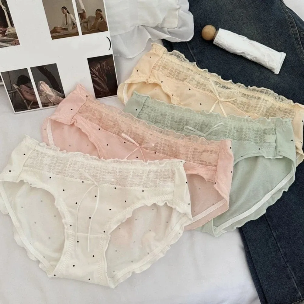 

Breathable Mid-waist Underwear Women Ruffle Patchwork Cotton Bow Briefs Underpants Dots Sweet Panties Girl