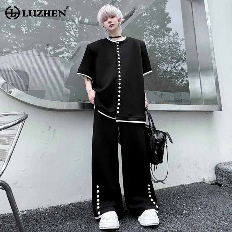 

LUZHEN 2025 New Two-piece Sets Men's Color Contrast Buttoned Shoulder Pad Short Sleeve Shirts Loose Straight Casual Pants JY1756