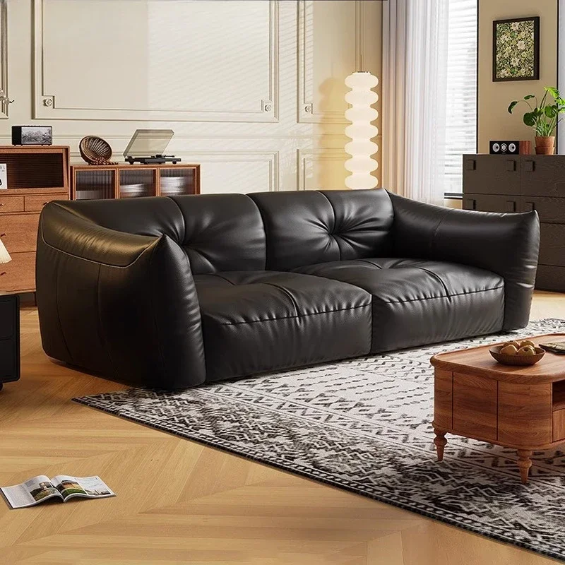 Sofa Italian minimalist first-layer cowhide leather, small apartment straight-row sofa