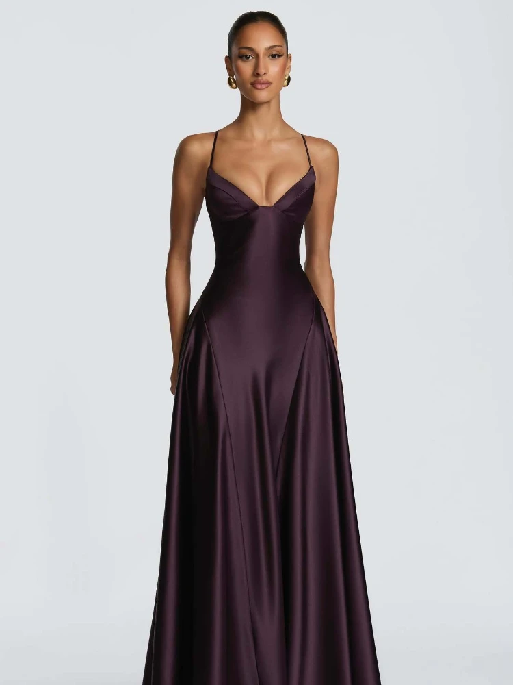 Chaxiaoa Satin Spaghetti Strap Sexy Maxi Dress Women Elegant Deep V Neck Sleeveless Backless Pleated Evening Club Party Dresses view 4