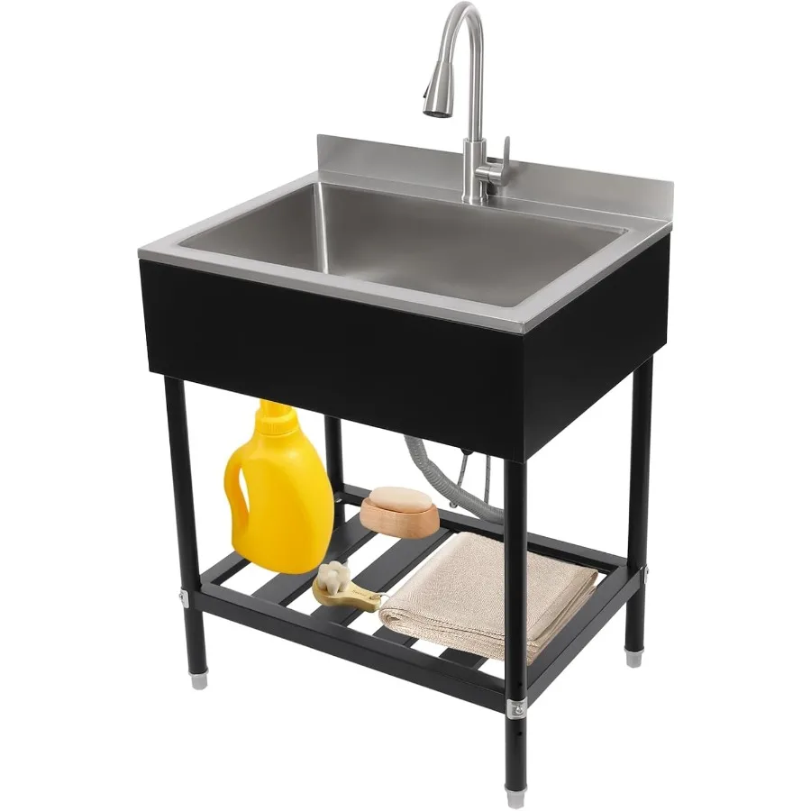 

Free standing stainless steel sink with pullout 360 swivel faucet and builtin shelf for hot and cold water single bowl utility