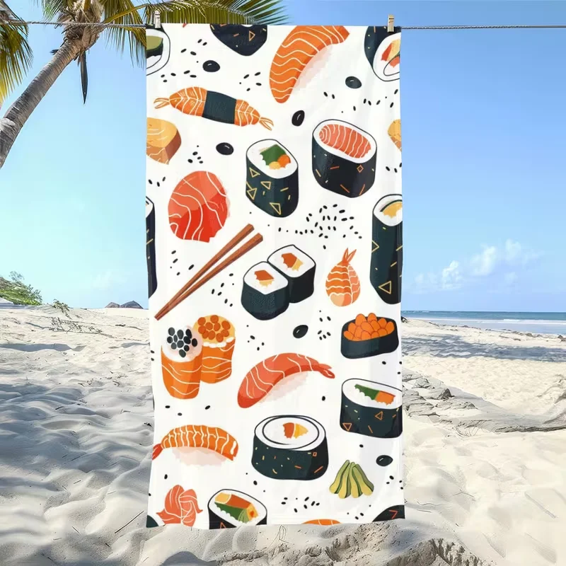 Divertida Toalla de Playa con Estampado de Sushi, Toalla Grande, Suave, de Secado Rápido y Absorbente, Toalla Colorida con Patrón de Sushi Nigiri Japonés para Playa y Piscina