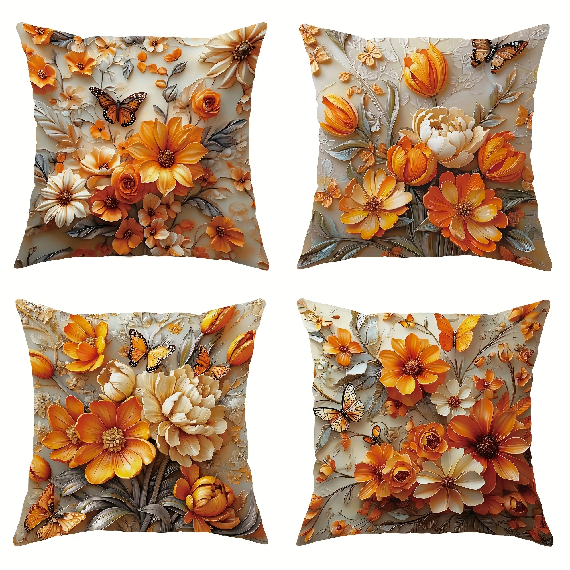 4pcs Floral Butterfly Pillow Covers – Orange and Yellow Botanical Print, Perfect for Sofa Bed and Living Room Autumn Home Decor