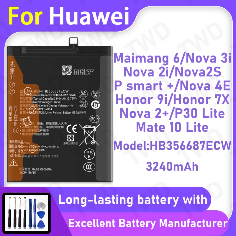 

100% New High Quanlity Battery HB356687ECW For Huawei Nova 3i/P Smart +/Nova 4E/P30 Lite battery+Free Tools