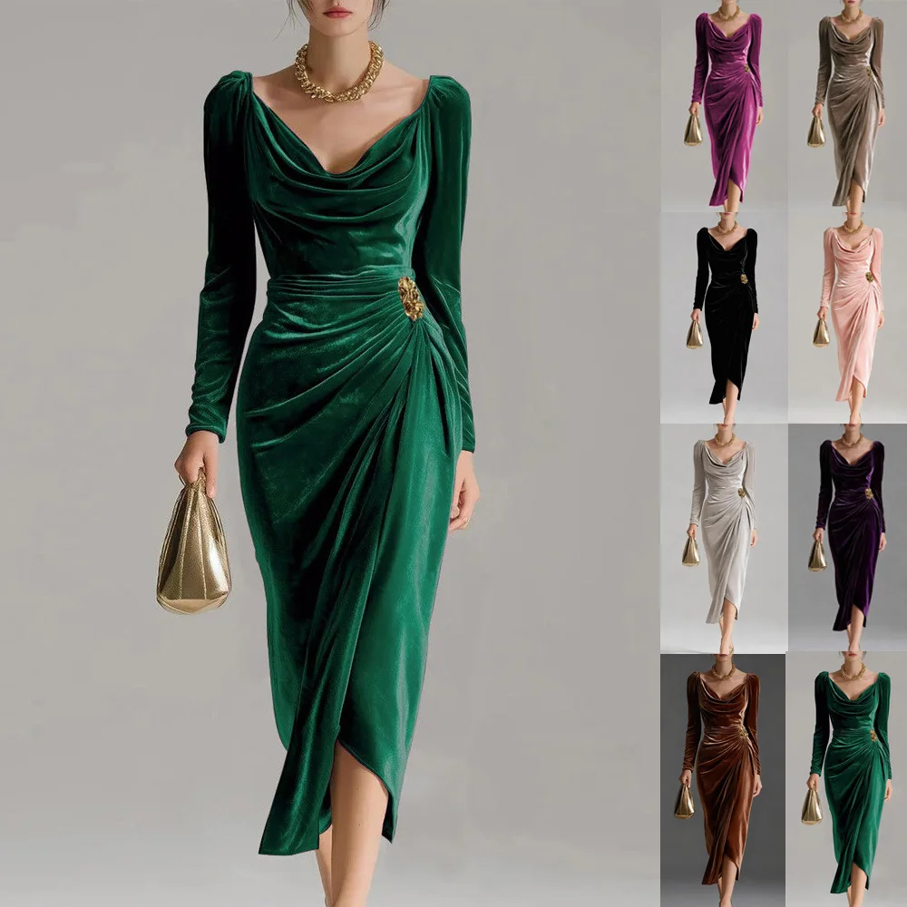 

Slim Fit Velvet Maxi Dress Sexy Long Sleeve Ruched Split Bodycon Party Evening Comfortable Luxe Fashion Stylish Glamorous Women