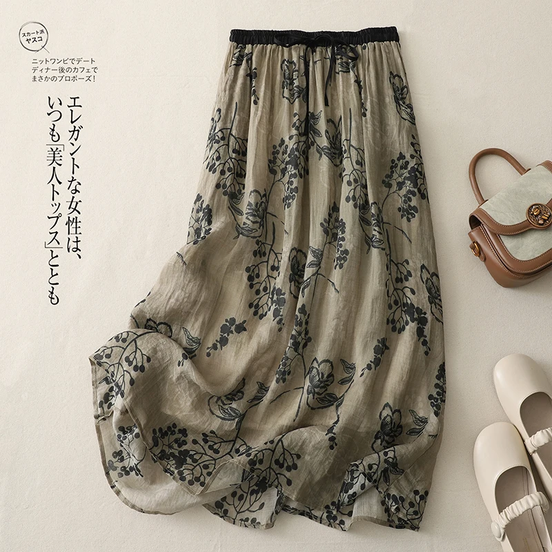 

Linen Printed Double High-waisted Bustier Female Summer New Retro Literary Loose Temperament Leisure Long Half-body Skirt