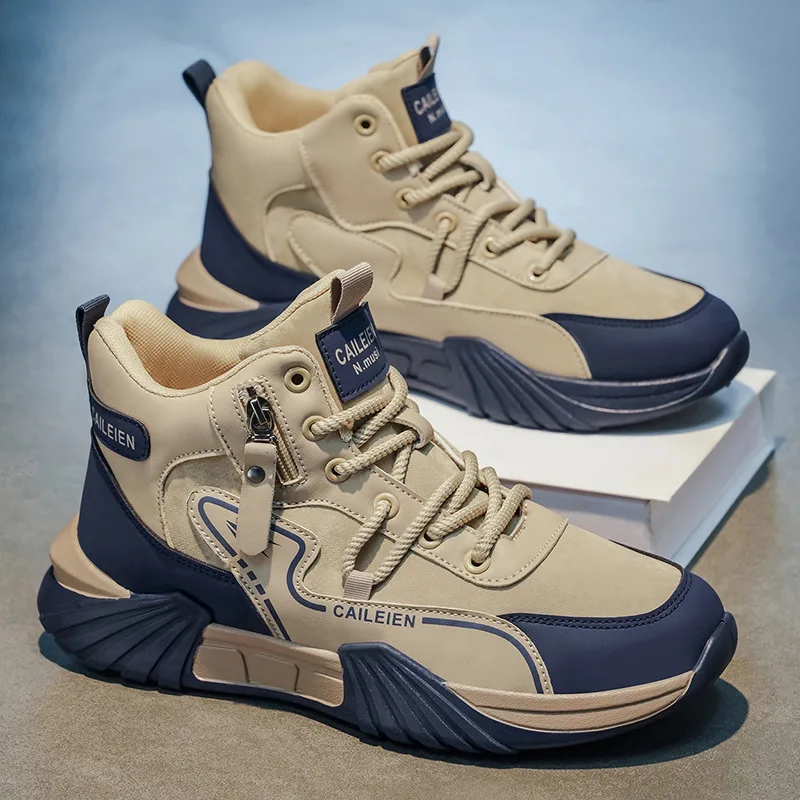 Men's Fleece and Thickened Warm Cotton Shoes, Winter Casual High-Top Cotton Leather Shoes, Outdoor Snow Boots