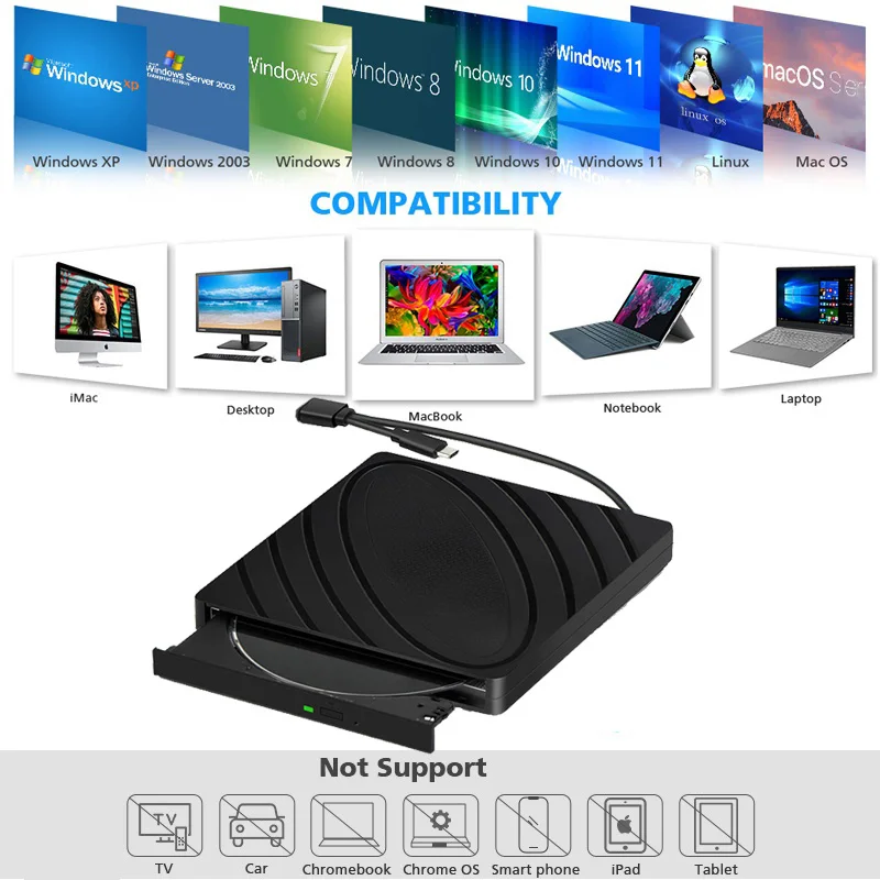 Внешний 3D-привод Blu-Ray USB 3.0 Портативная записывающая горелка Bluray Поддержка дисков 50G для чтения/записи Bluray Диски, совместимые с Windows MacOS