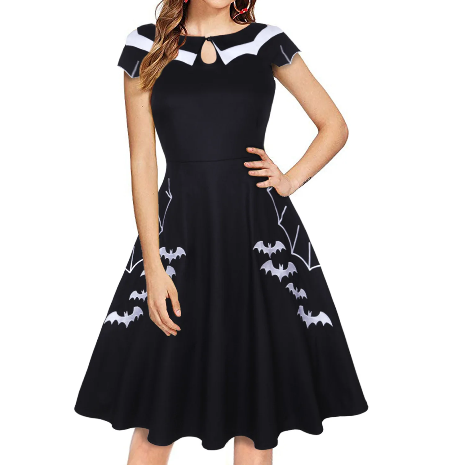 Vintage Bat Embroidery Halloween Costumes Party Retro Dresses Women Short Sleeve Retro A-Line Swing Dress