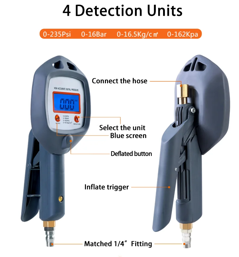 Digital Tire Pressure Gauge Inflator Gun With Hose Air Chuck LED Display Dial Meter Vehicle Tester Tyre Pressure Gun