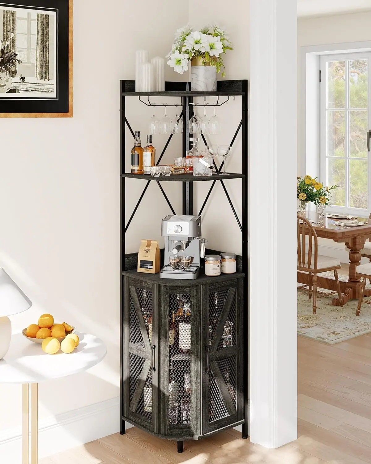 

Промышленный угловой винный шкаф 72 дюйма с розеткой и светодиодной подсветкой, сетчатая дверца, шкаф для алкоголя с держателем для бокалов, на заказ