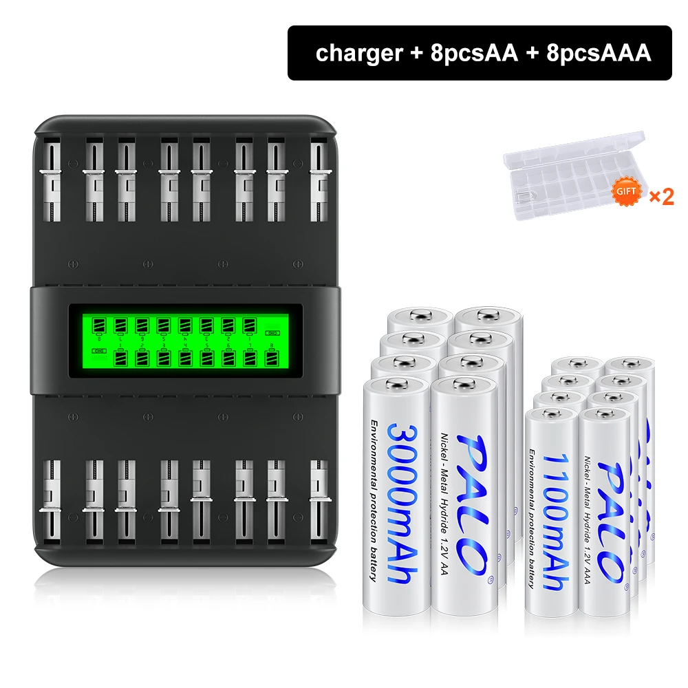 

PALO 1.2V Rechargeable NI-MH Battery AA AAA NIMH AA/AAA Cells with 16 Slots Intelligent Charger for Flashlight, Toy Watch