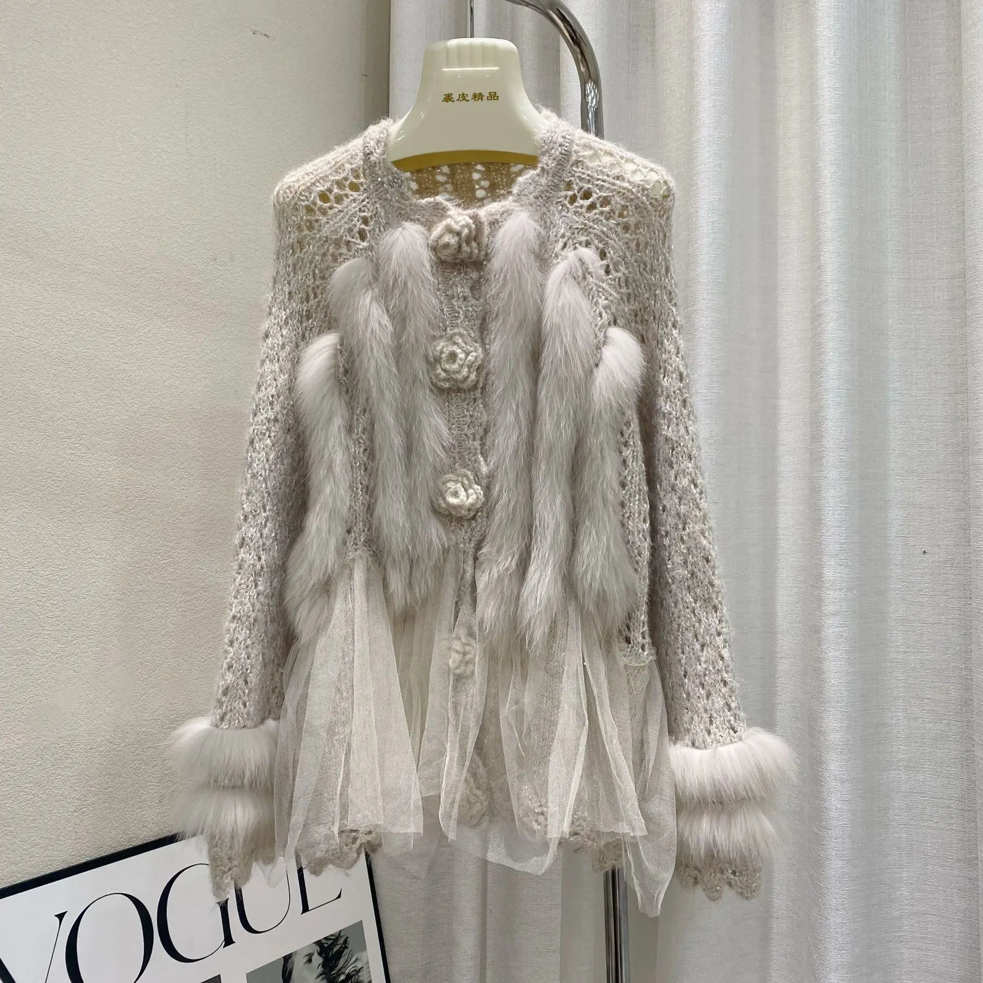 Women 2025 Autumn Winter New Princess Style Faux Fur Splicing Sweater Fur Coats Female Hollow Out Mesh Gauze Knitted Cardigan
