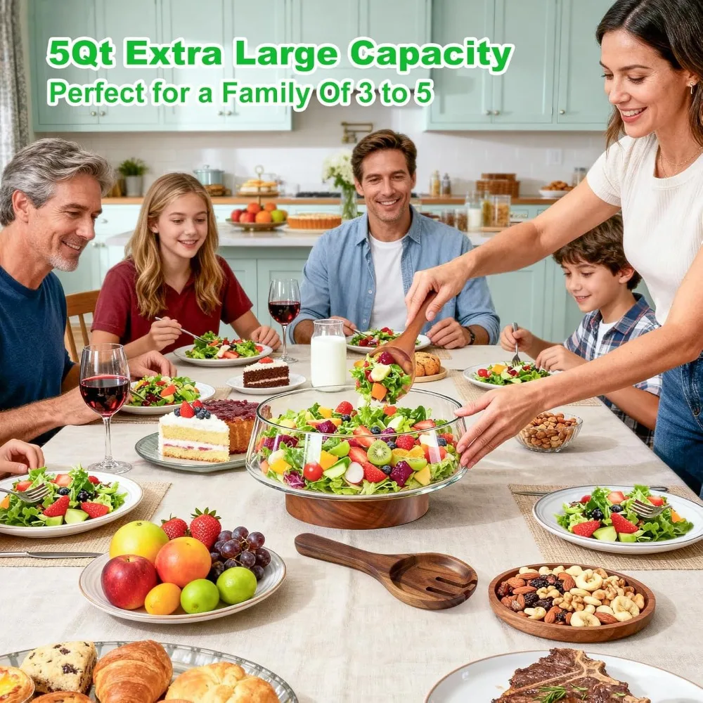 

Extra Large 5-Qt Glass Salad Bowl Set with Wood Base & Servers, Perfect for Kitchen, Parties & Christmas Gifts