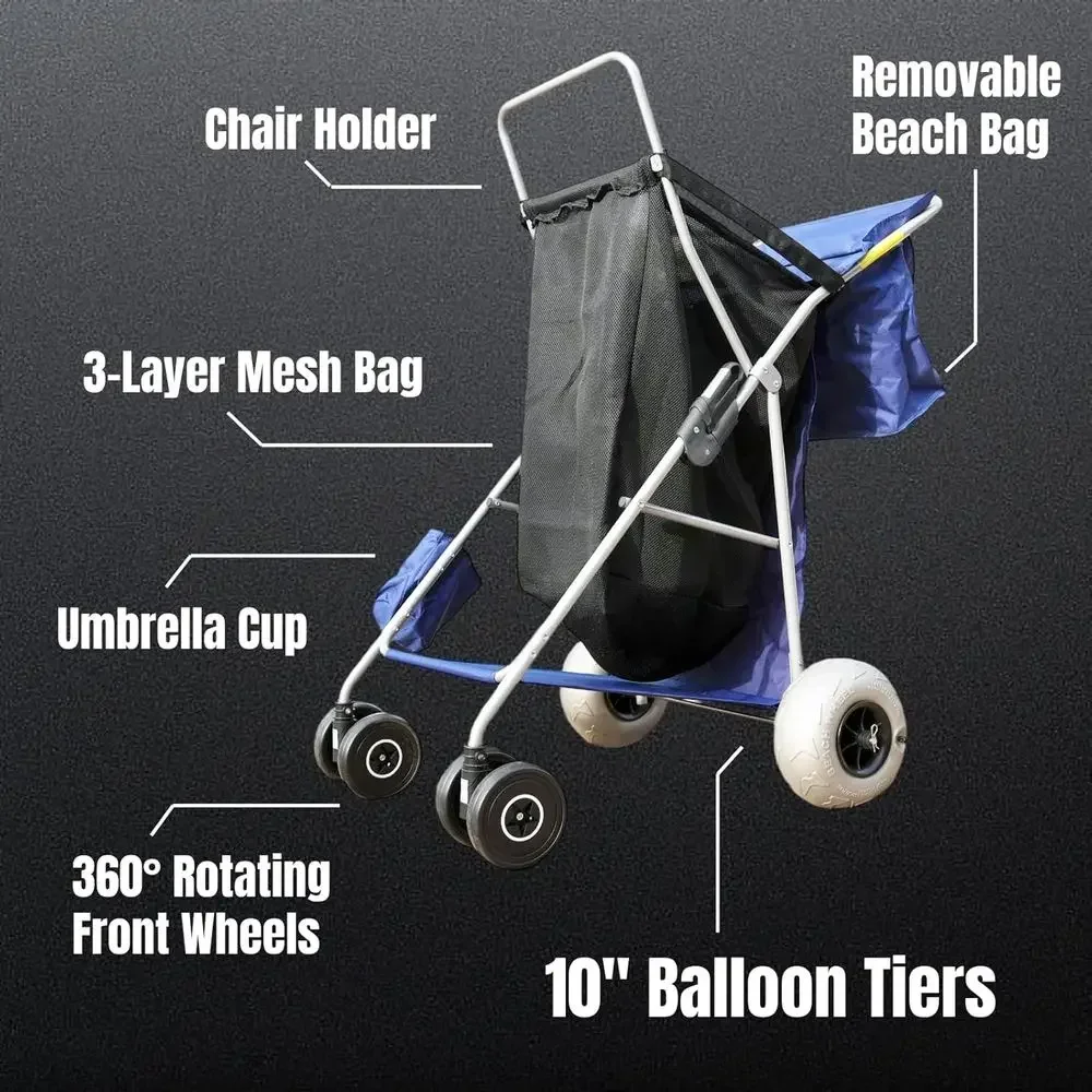 10 Balloon Tires Beach Cart - Effortless on Soft Sand, Fully Loaded Through Dunes, Holds 4 Chairs, Umbrella, Gear up to 300lbs,