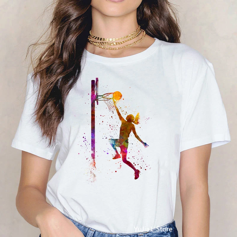 Summer 2024 Watercolor Basketball Girl Art Print Tee Shirt Femme 90s Sports Camisatas Mujer Tees Harajuku Kawaii Tops T-Shirts