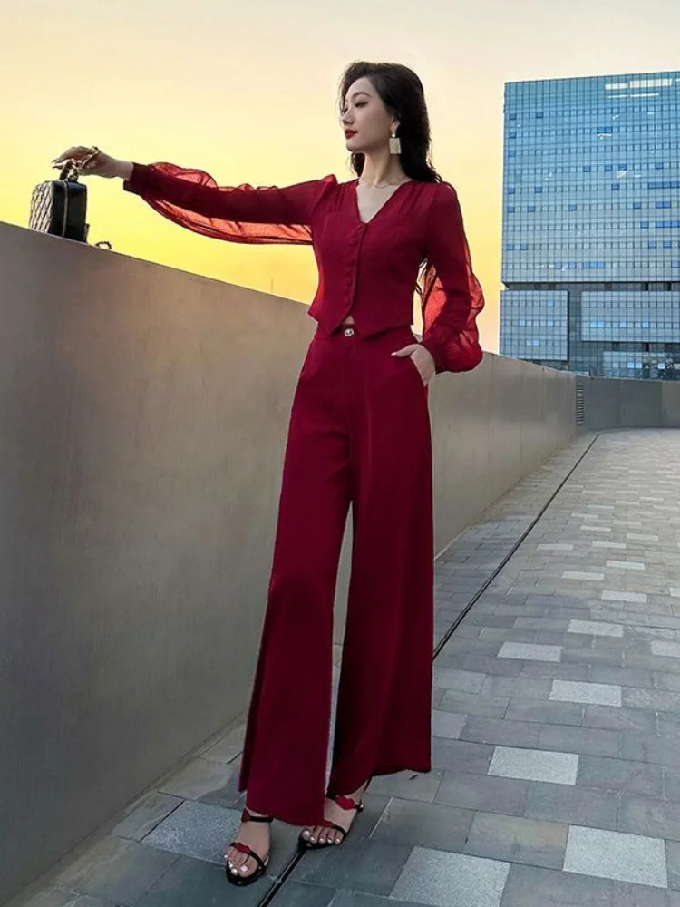 Ladies Trouser Wide Leg Women\'s Blouse and Pants Two Piece Set Spring Autumn Red Offer Free Shirt Shipping Korea Stylish Tailor