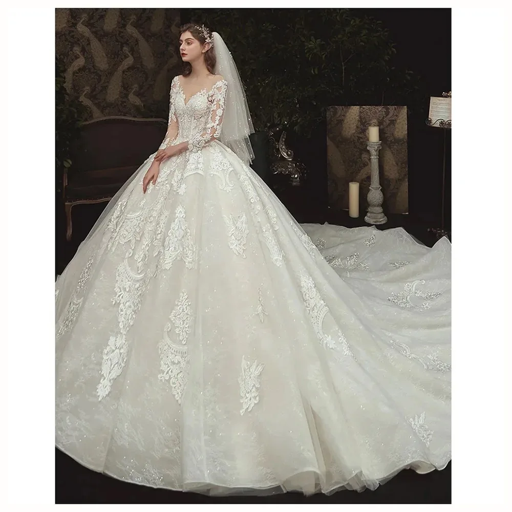 Ball Gown Wedding Dress Applique Beaded Lace Sweetheart Long Sleeve Bride Dress Beautiful Dream Princess Customized