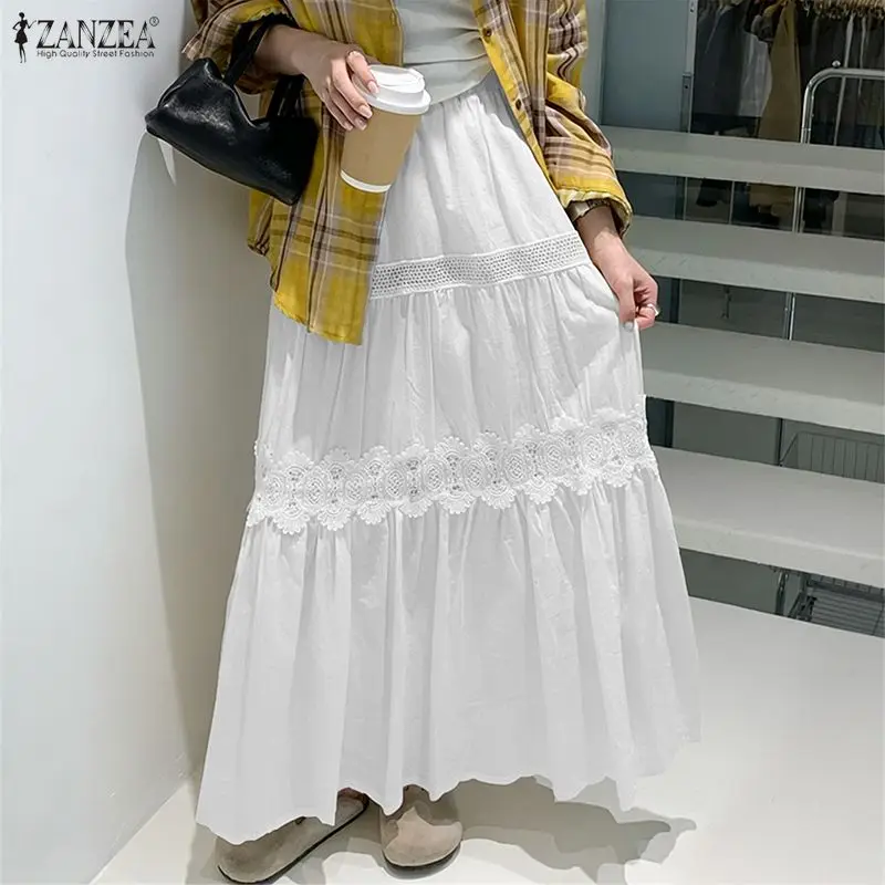 ZANZEA Fashion Long Skirts Women Fashion Lace Casual A-Line Maxi Bottoms 2026 Summer Ruffled Elastic Waist Jupes Faldas Saia