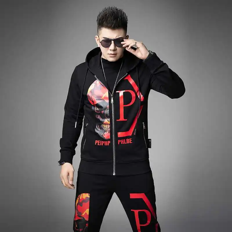 2024 Mens Two Piece Sets Fashion Streetwear Casual Winter Suits Skull Pattern Hooded Black Tracksuit Men Clothes Ropa De Hombre