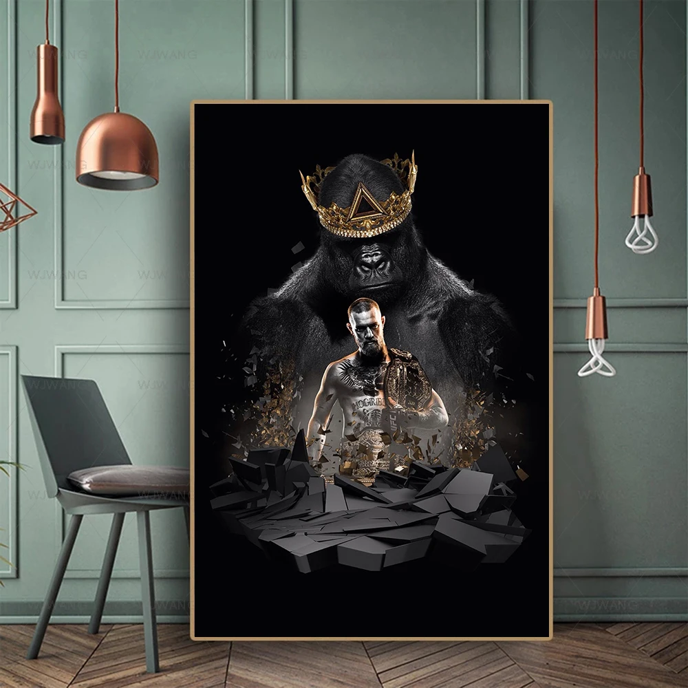 Złoty pasek mistrza boksu i noszenie korony Szympansy Obraz na płótnie Plakaty na ścianę Wydruki obrazów do wystroju domu