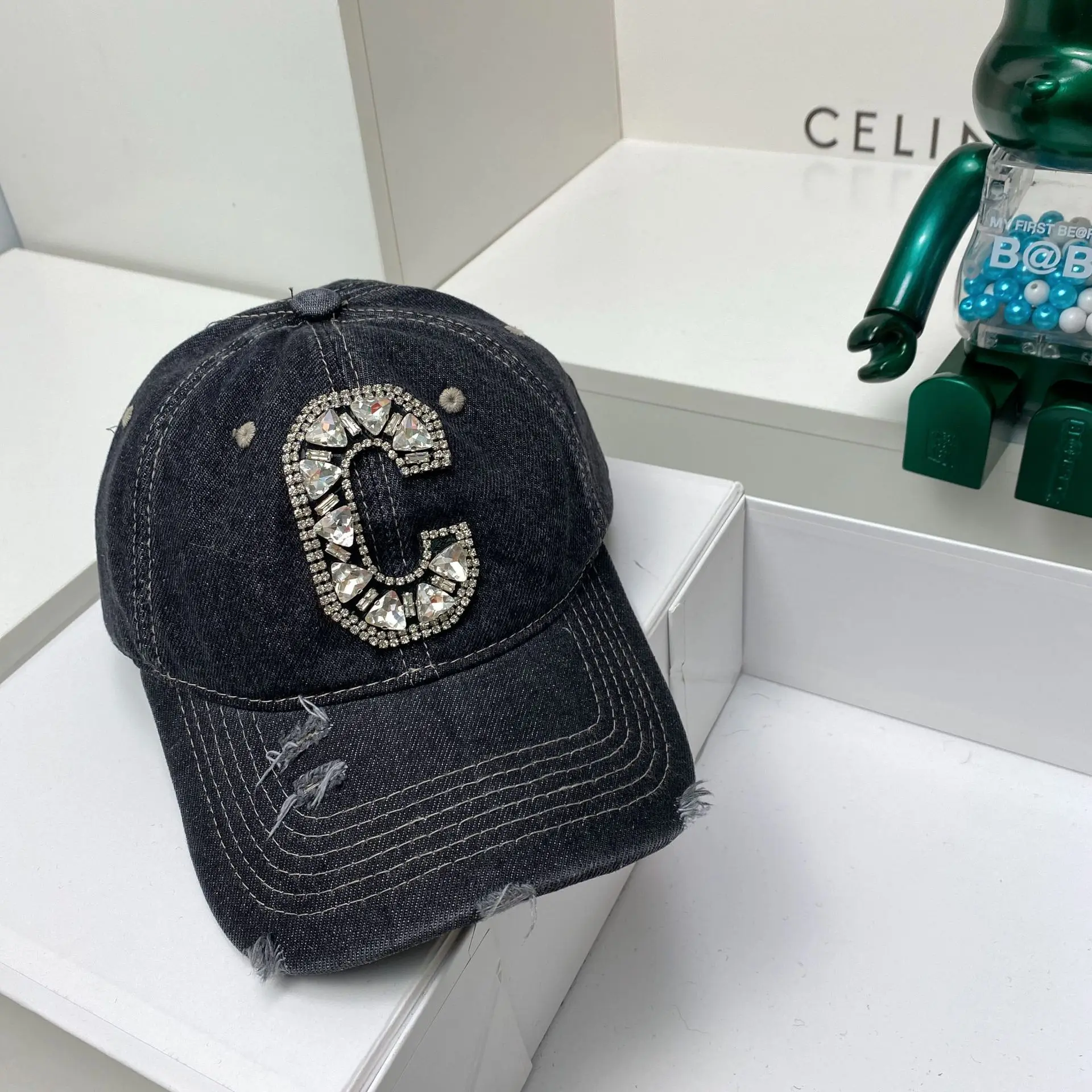 Heavy Industry Light Luxury Rhinestone C-Letter Baseball Cap Large Edition Perforated Washed Cotton Denim Cap