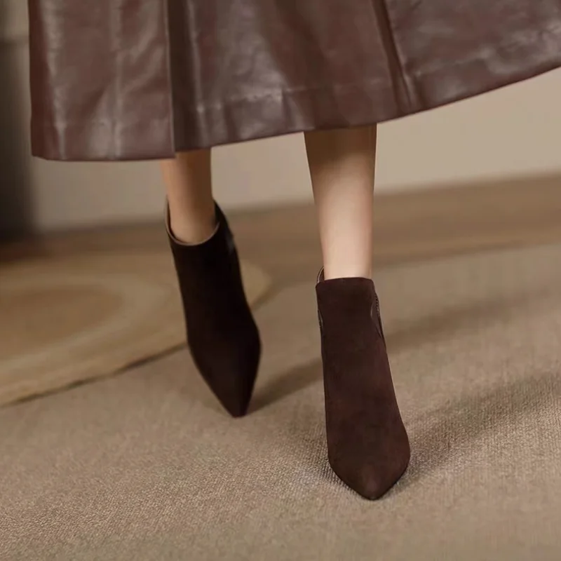 2024 Autumn Women Ankle Boots Elegant Brown Suede Short Botas Mixed Leather Iron Thin High Heels Black Botines Femininos Zapatos
