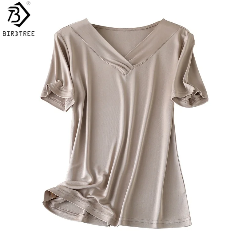 

Футболка Birdtree из 100% натурального шелка, однотонная, с V-образным вырезом, мягкая повседневная блузка, женская свободная рубашка с коротким рукавом, новая коллекция 2026, T62105JF