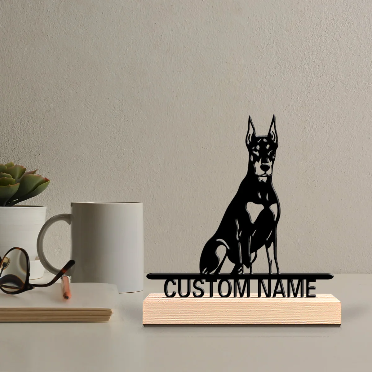 1pc Romantic Personalized Custom Doberman Pinscher Metal Statues Vibrant Wooden Frame Decor for Living Room Nursery Bohemian Ga