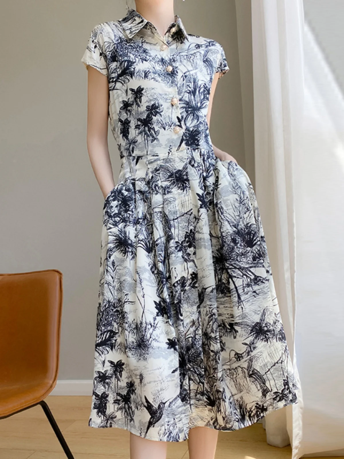 

Ele Silk Satin irt Dr Loose Watercolor Print Высокая талия ort Sve A-Line Long Dr Летний сезонный воротник Sin...