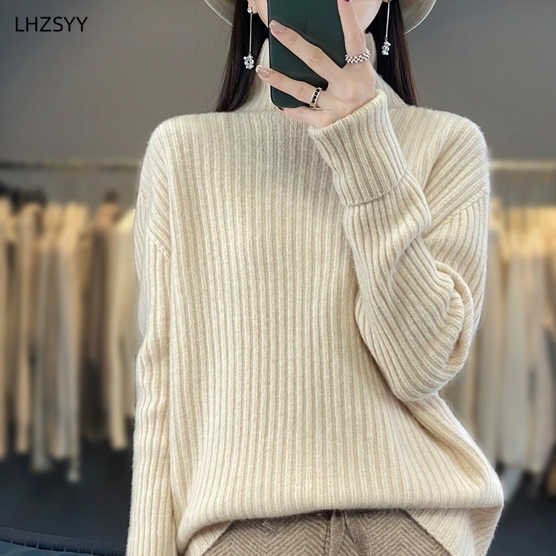 LHZSYY Autumn Winter New 100% Pure Wool Sweaters Women\'s Turtleneck Knit Base Shirt Loose All-match Warm Tops Cashmere Pullover