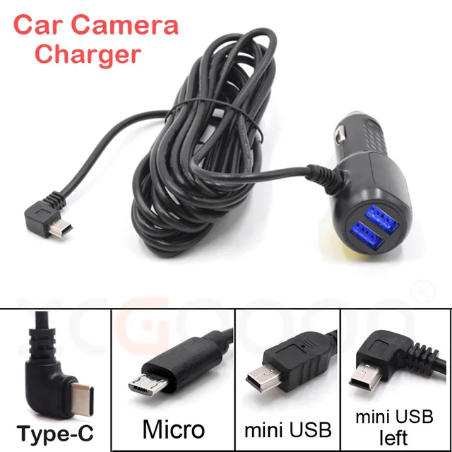 Mini Micro Type C Ładowarka Samochodowa USB 3,5 metra 5V 3,4A z 2 Portami USB do Kamery Samochodowej DVR, Rejestratora GPS, Wejście DC 8V-36V