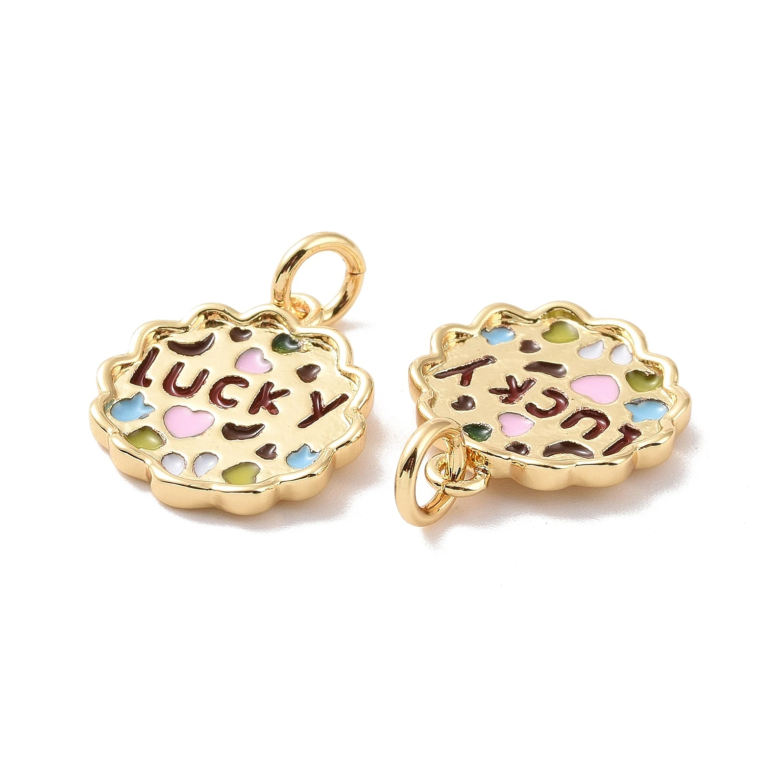 20pcs Rack Plating Brass Pendants with Enamel and Jump Ring Long-Lasting Plated Flower with Word Lucky for DIY Necklace Jewelry