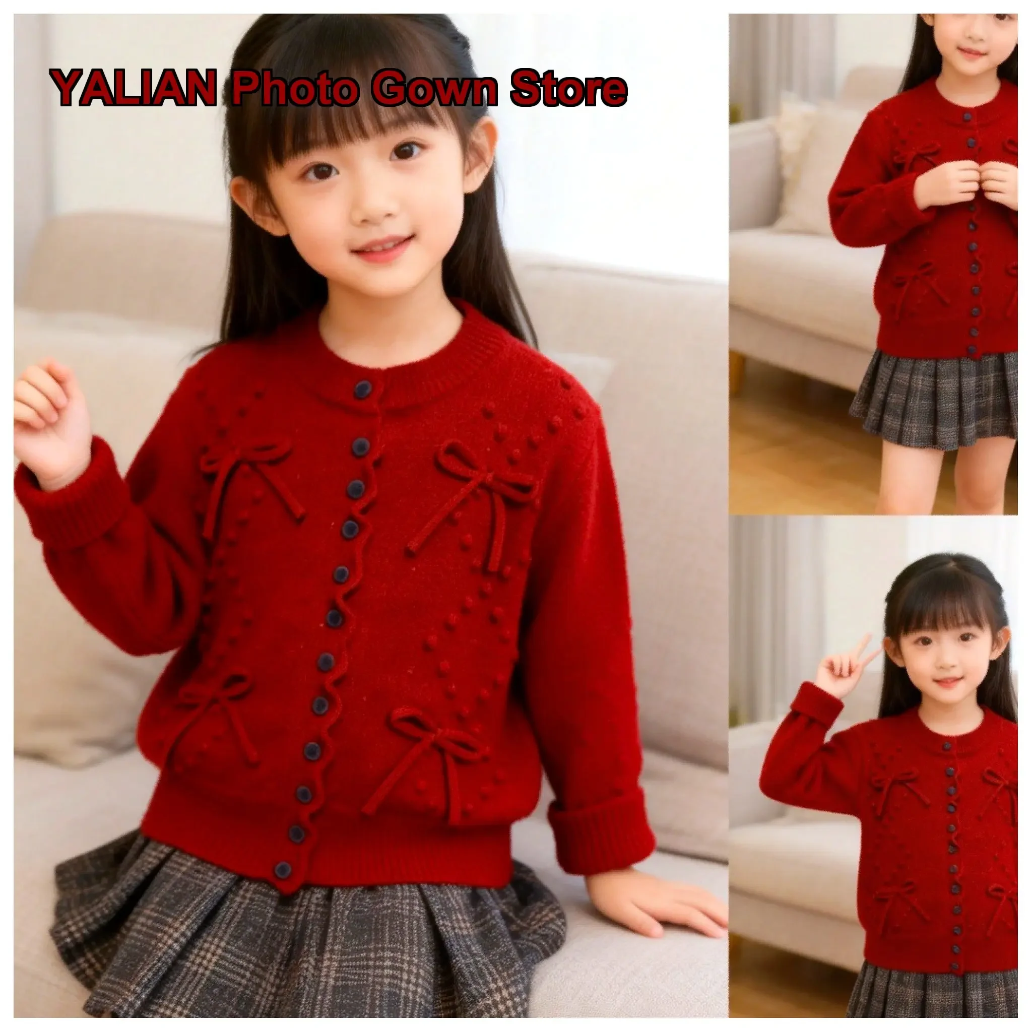 Girls Winter Red Knit Sweater Kids Unique Design Long Sleeves Warm Thickened Outwear Older Kids