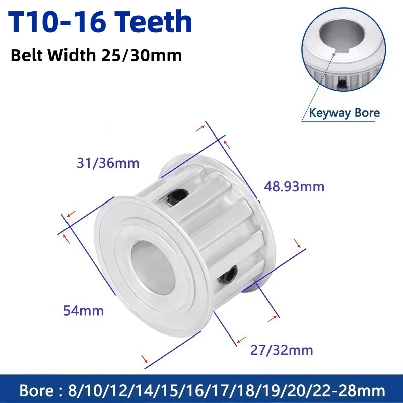 1pc 16 Teeth T10 Timing Pulley 16T Aluminium Synchronous Wheel for Belt Width 25/30mm Bore 8 10 12 14 15 16 17 18 19 20 22-28mm